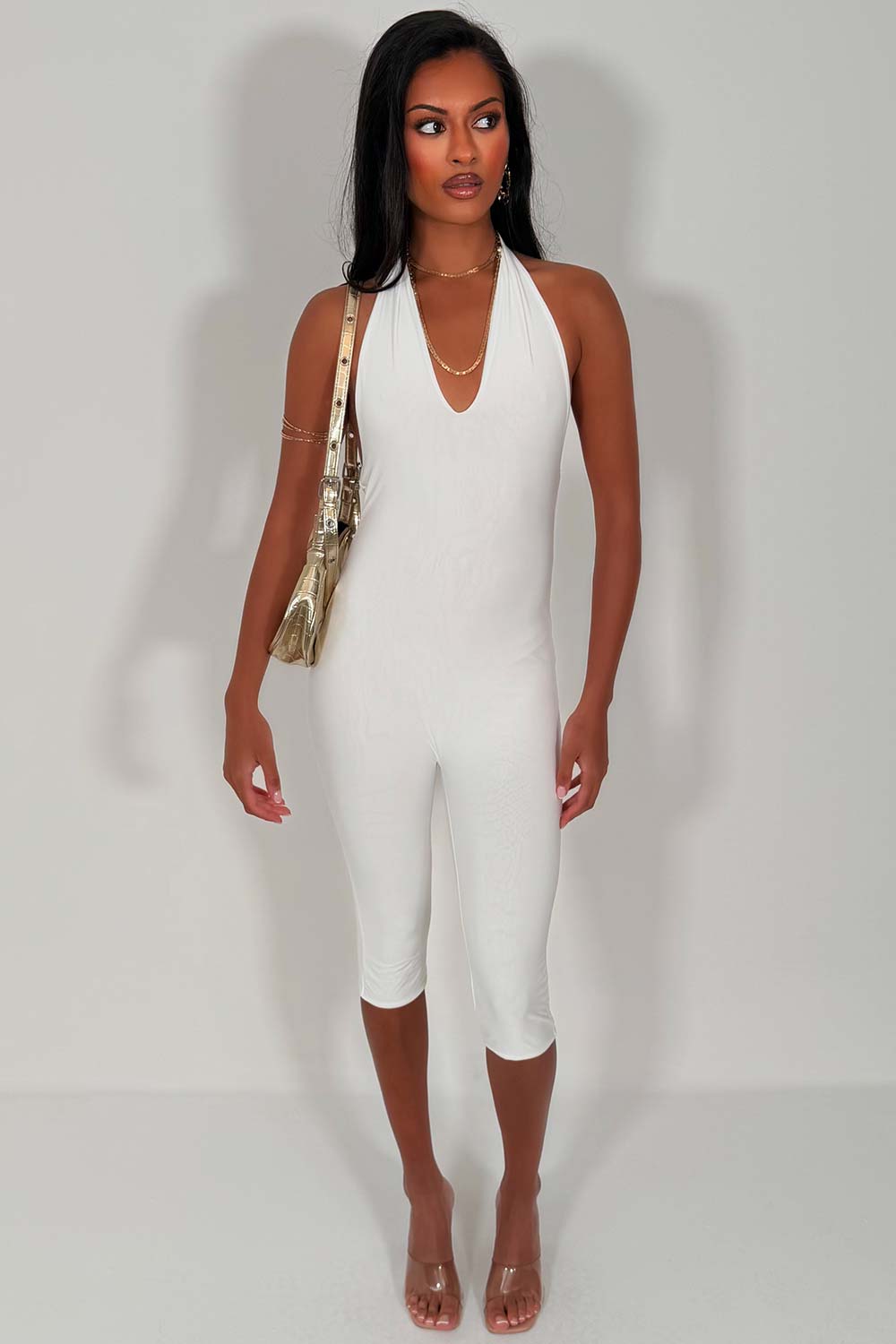 white capri jumpsuit backless halterneck summer festival outfit uk