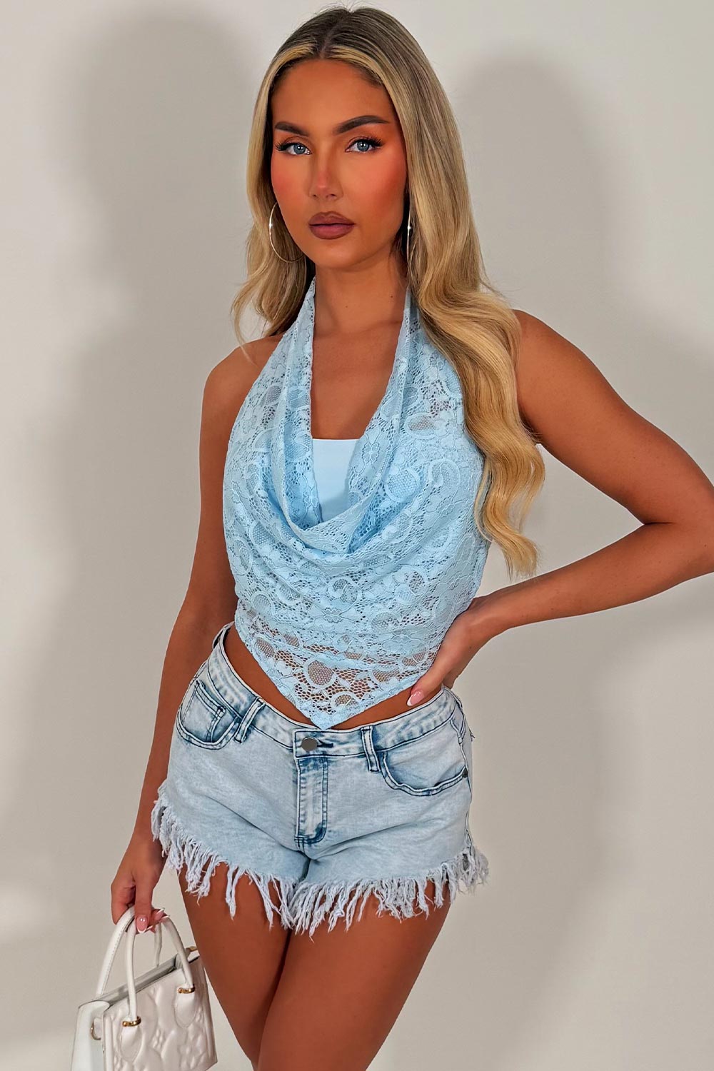halter neck cowl lace backless top sky blue styledup