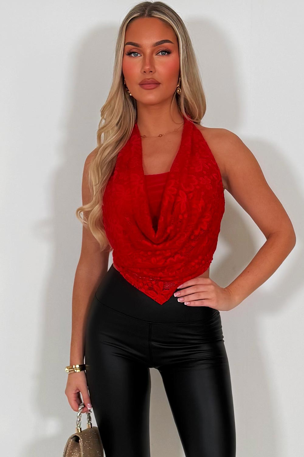 lace halter neck backless crop top red styledup