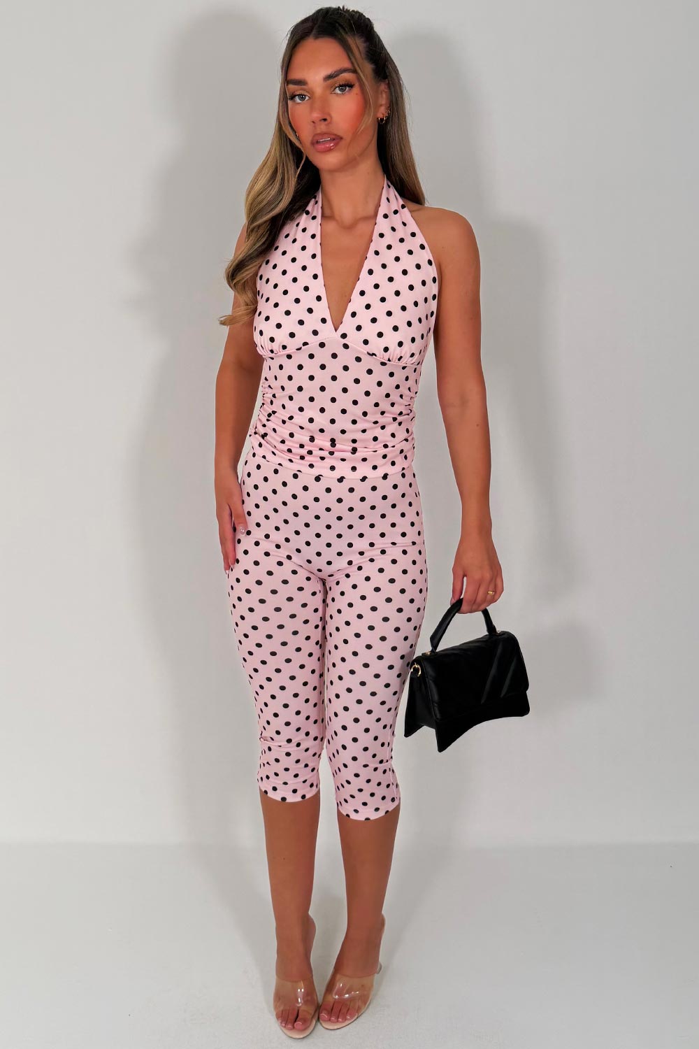 pink polka dot halter neck backless top and capri pants co ord two piece going out occasion outfit styledup uk white fox