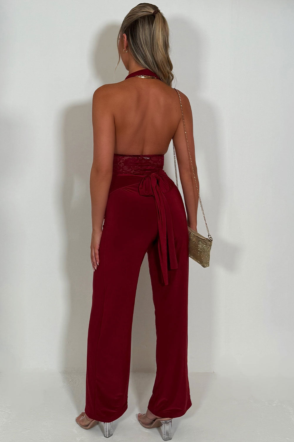 lace panel halter pluge neck backless jumpsuit going out occasion outfit