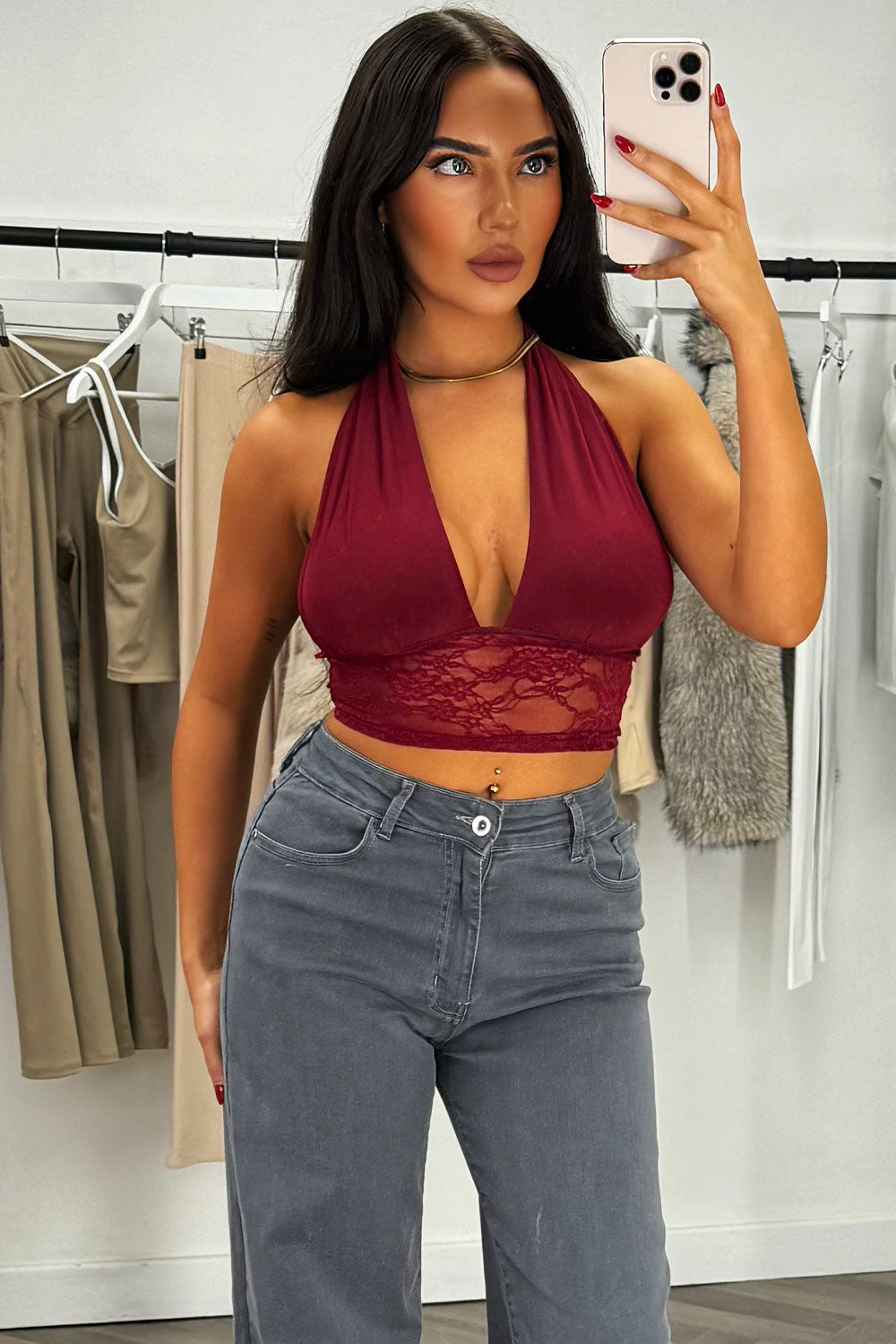 lace hem plunge halter neck crop top styledup going out out party top