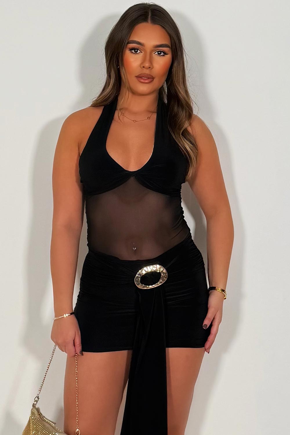 halter neck gold buckle mini dress christmas party outfit styledup