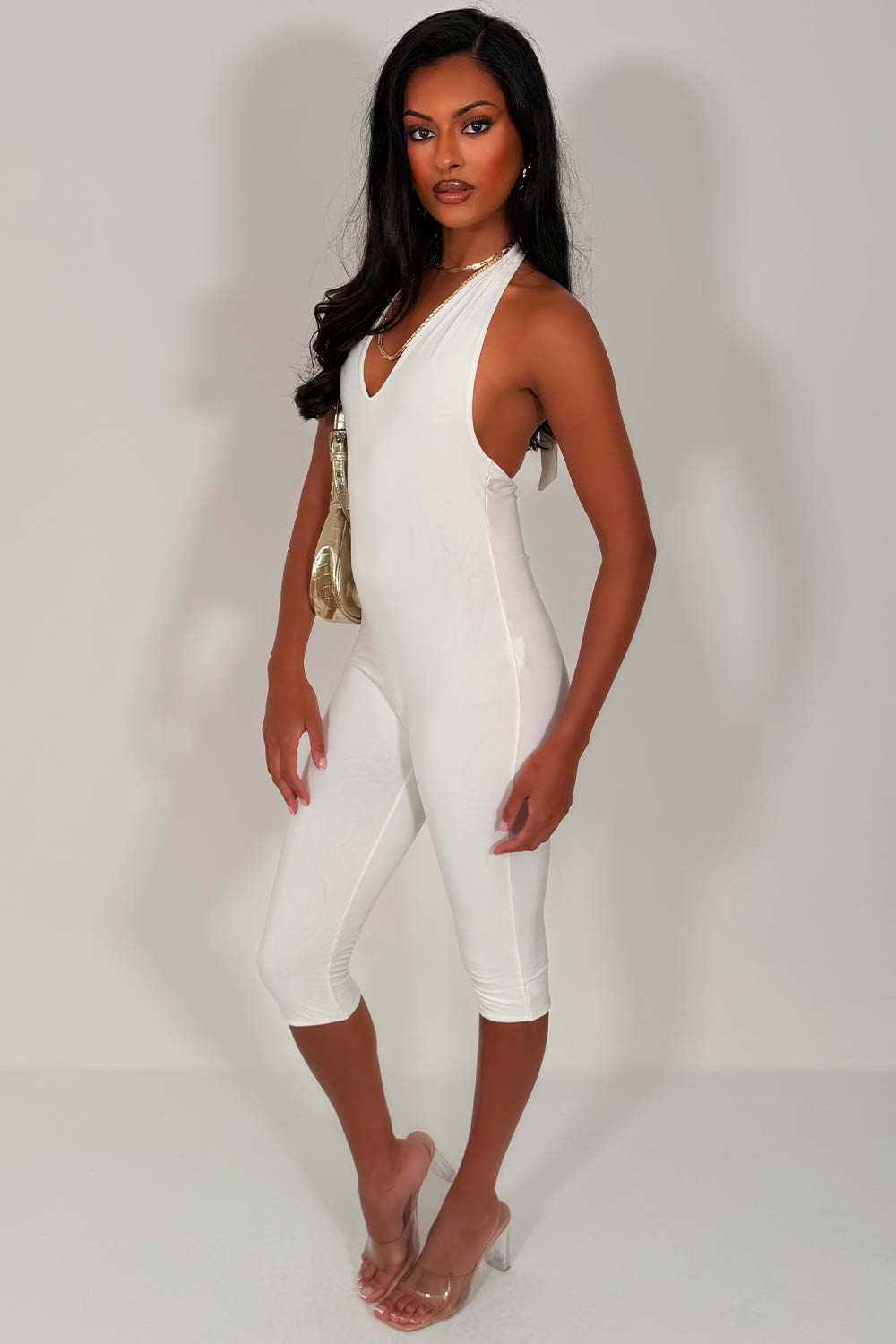 backless halterneck capri jumpsuit going out festival outfit styledup whitefox uk