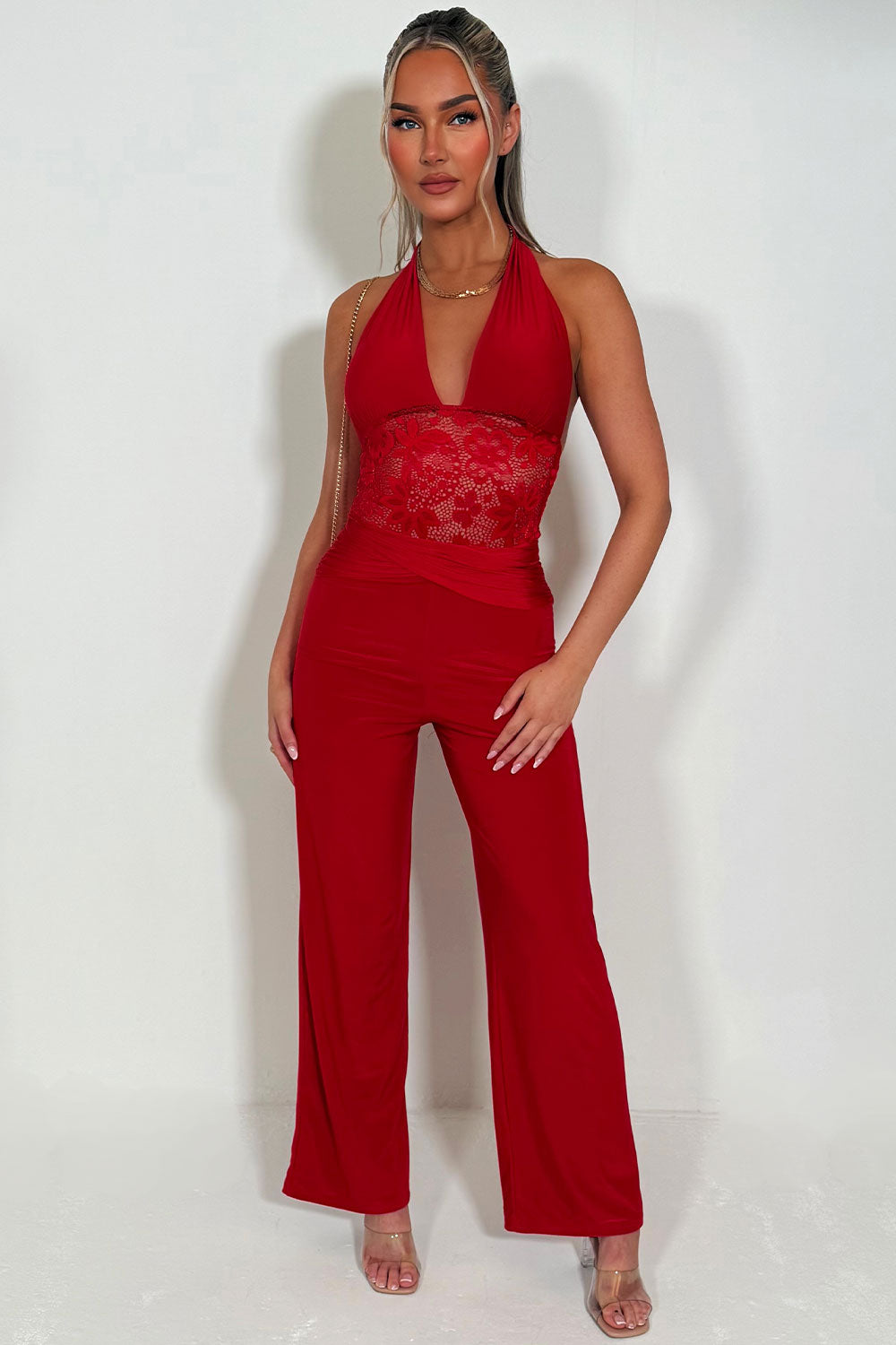 backless halter plunge neck wide leg christmas jumpsuit styled up