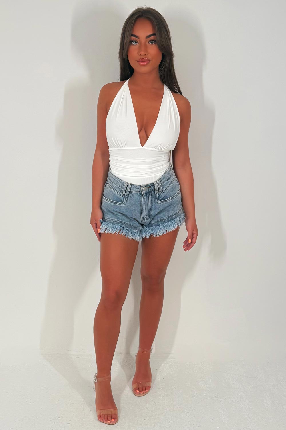 going out festival summer holiday halter neck backless bodysuit top white