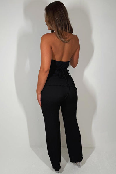 Women's Textured Black Halter Neck Crop Top & Wide Leg Trouser Co-ord Set