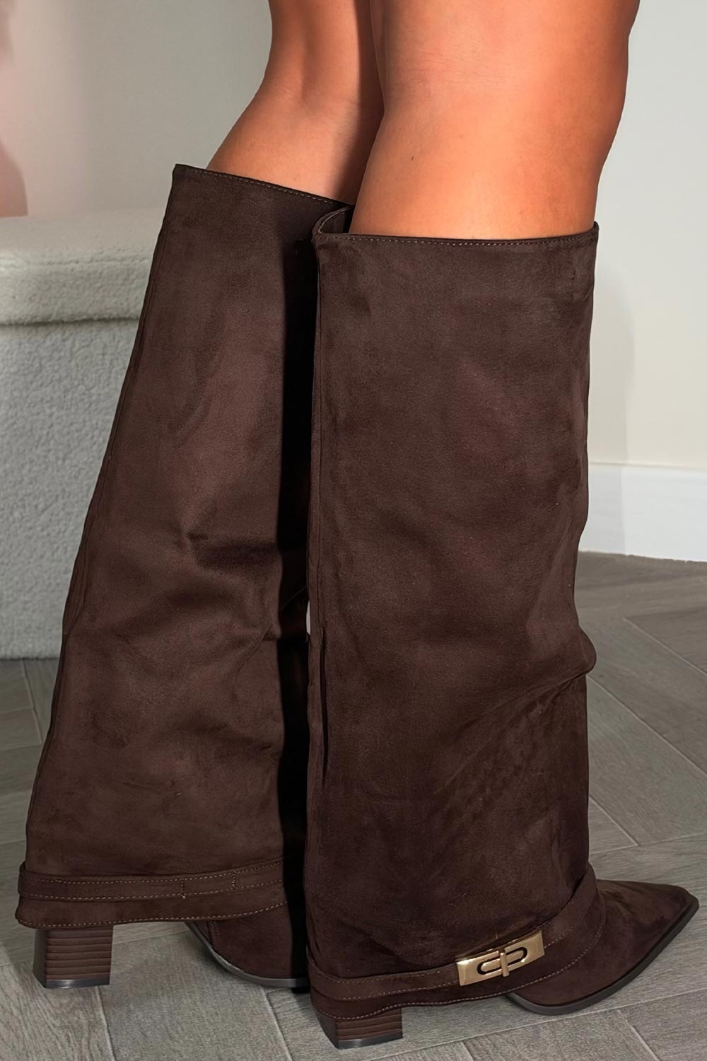 womens brown knee high cowboy boots fold over style sale styledup