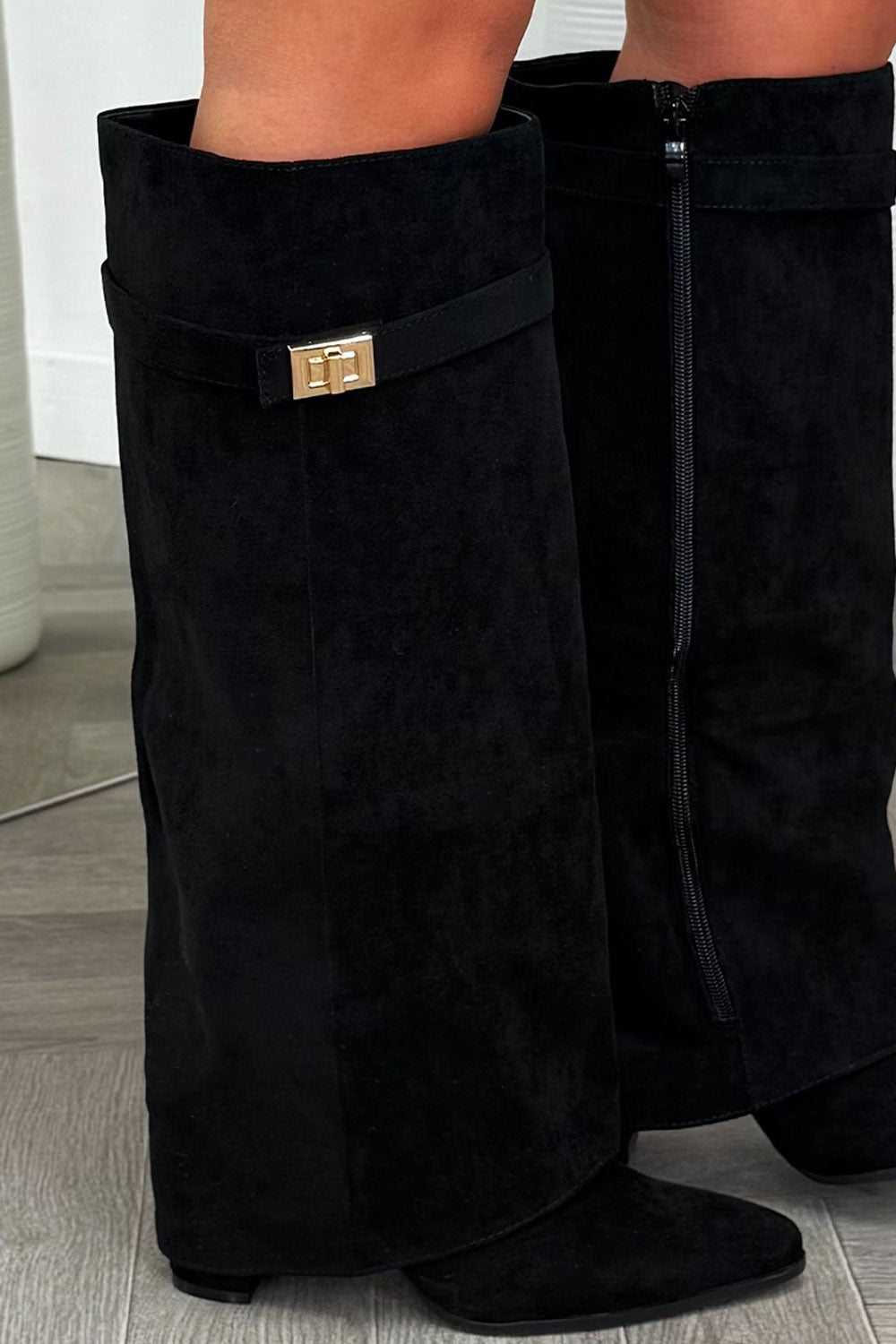 knee high cowboy boots with side zip and gold buckle