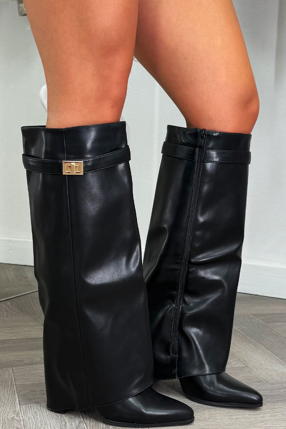 knee high cowboy boots with side zip and gold buckle
