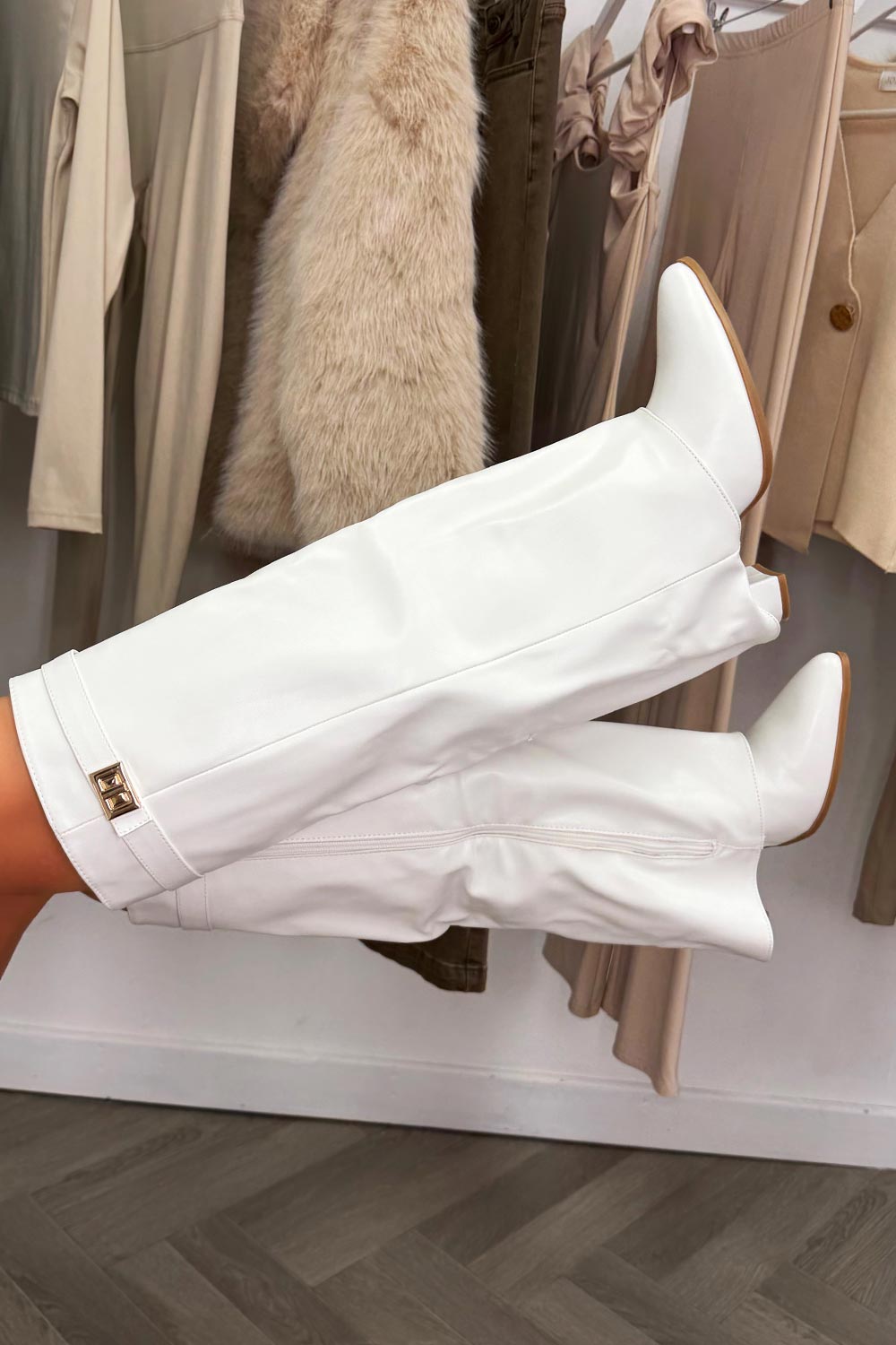 white knee high cowboy boots with fold over design for womens uk sale