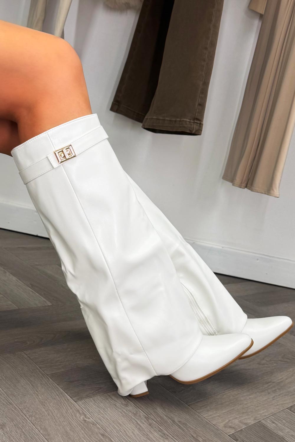 womens white knee high cowboy boots fold over style sale styledup