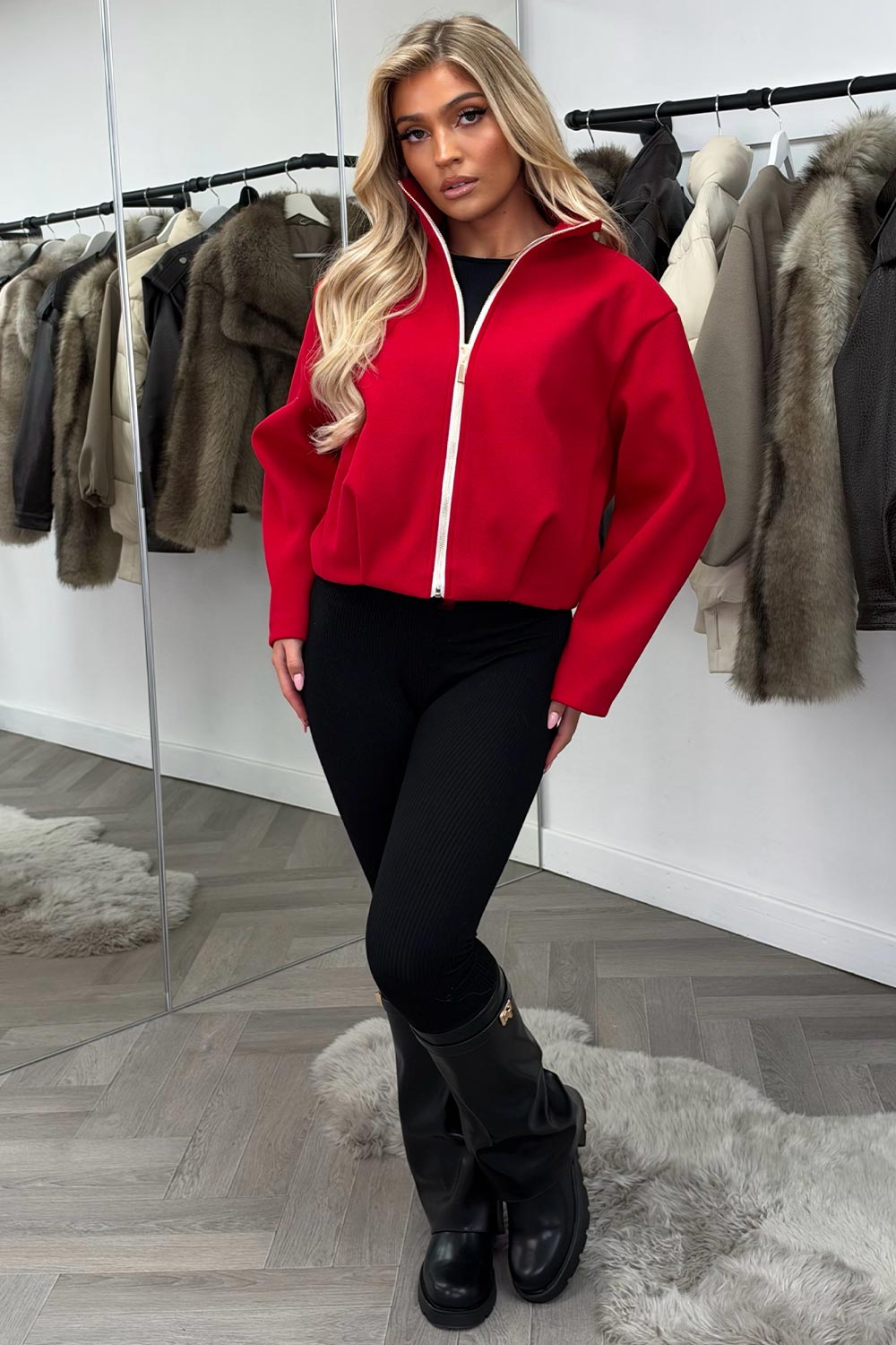 womens red soft bomber jacket with high collar funnel neck styledup uk