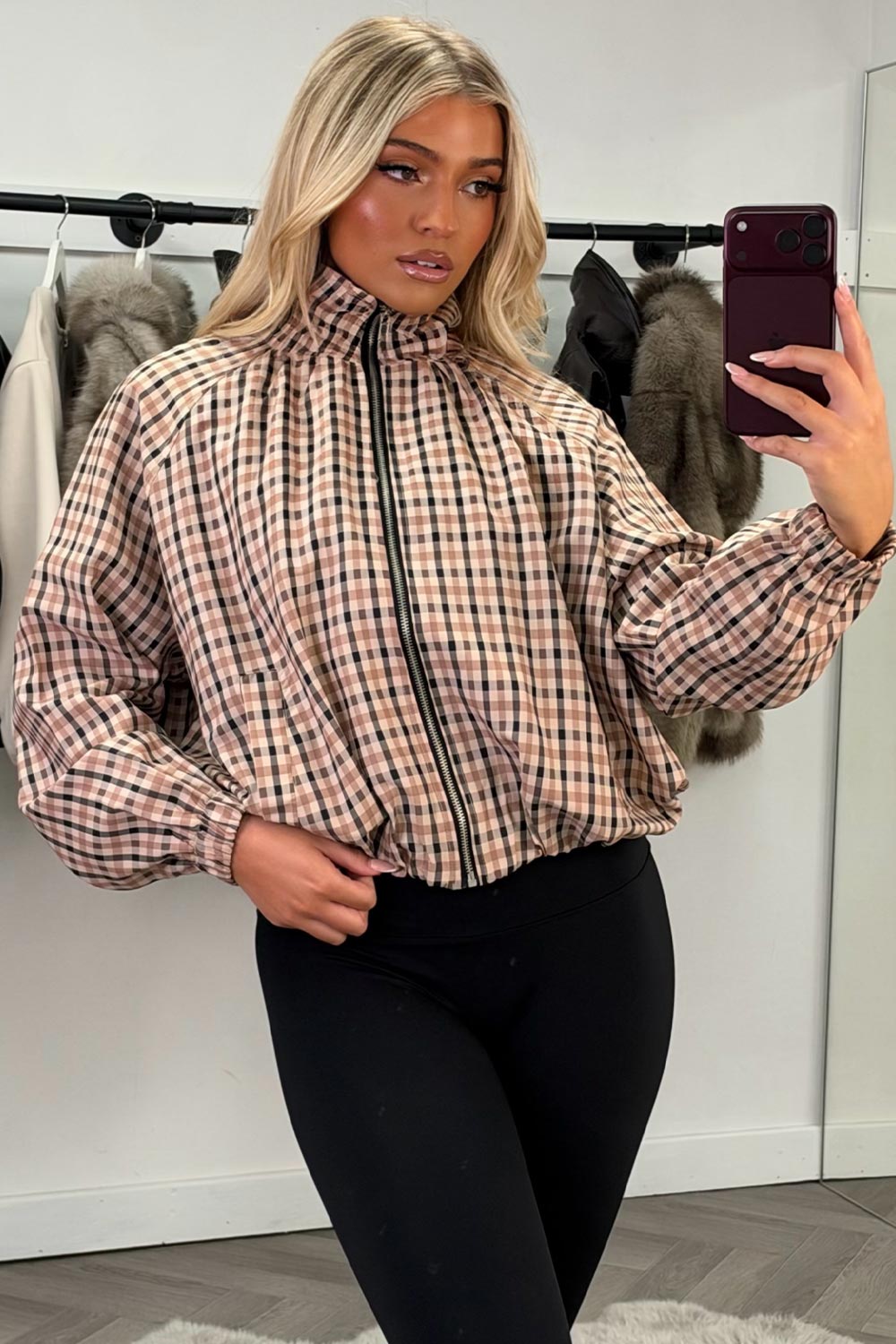 brown funnel neck jacket with cinched waist womens transitional autumn winter windbreaker jacket uk styledup