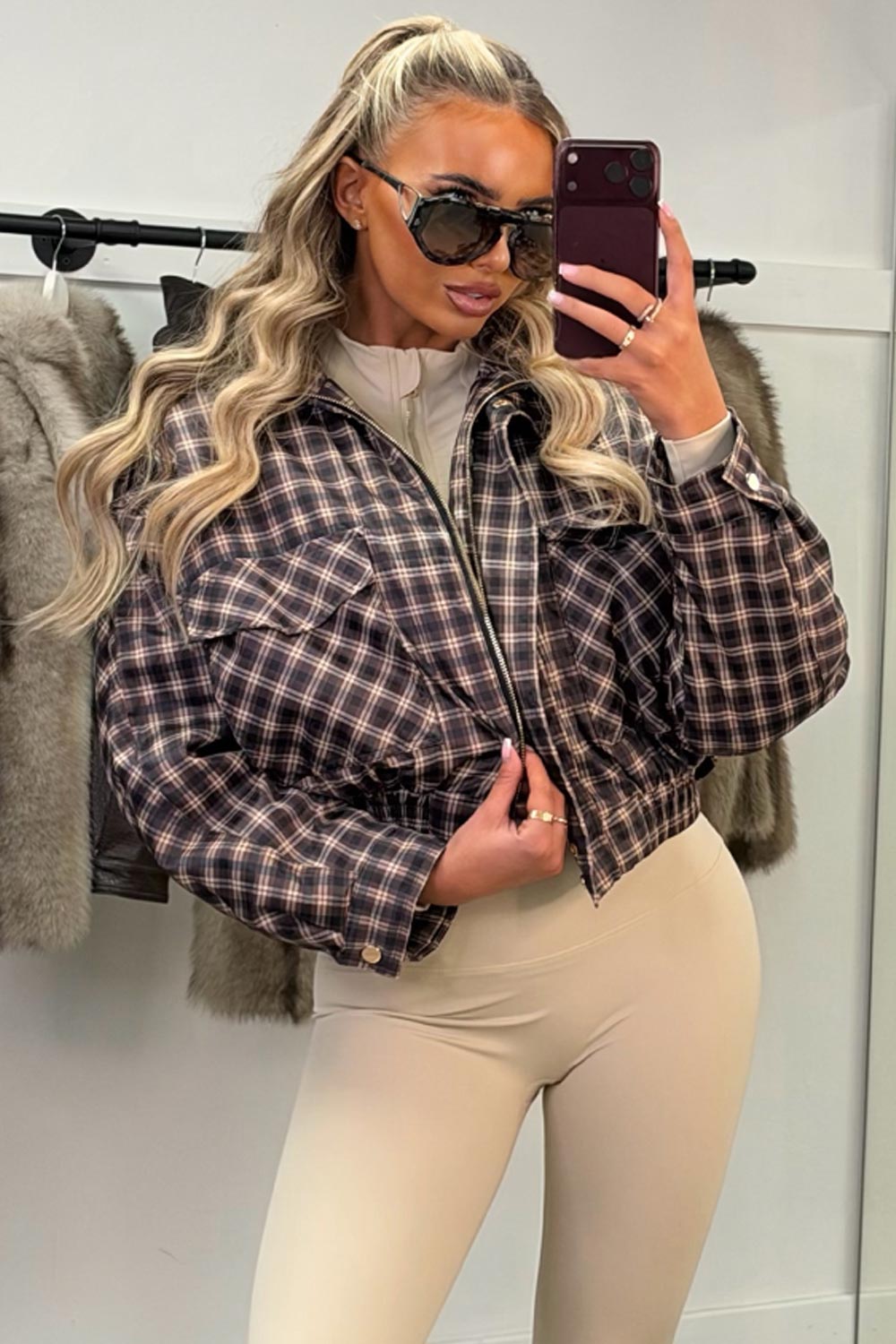 womens oversized brown check padded puffer jacket styledup uk