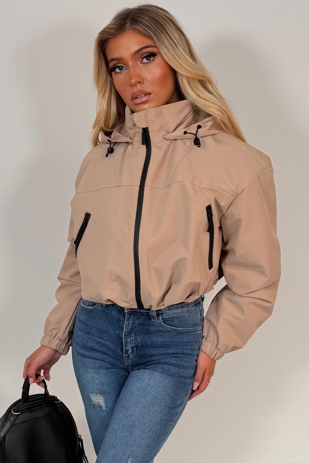 womens beige hooded padded rain jacket for festival styledup uk