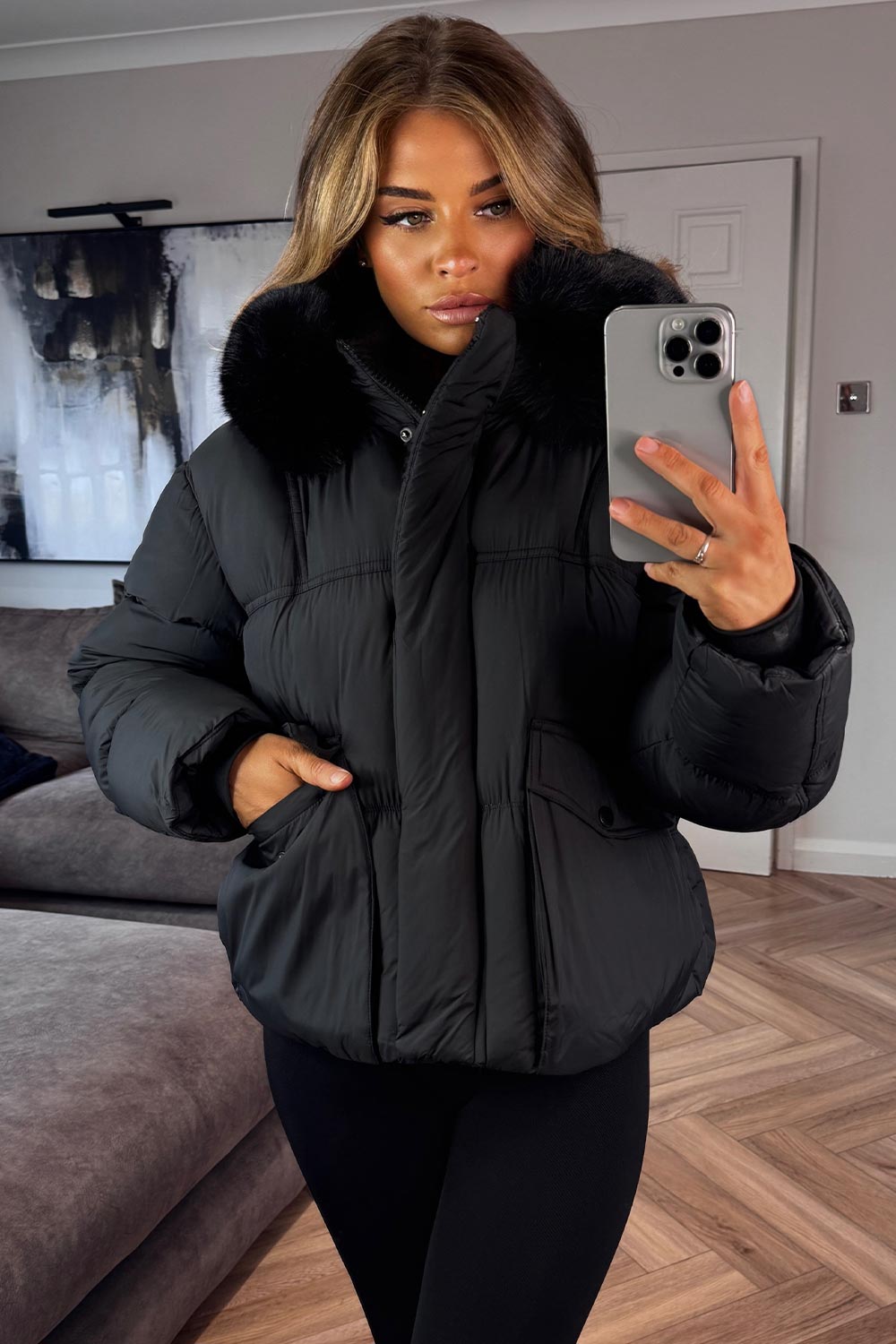 puffer padded jacket with faux fur hood styledup uk