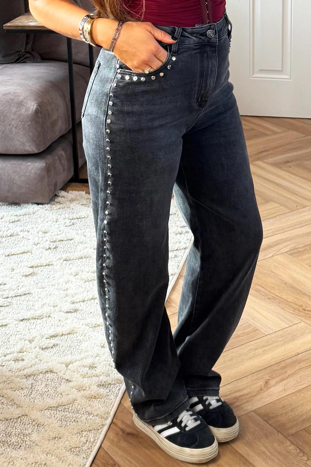 womens baggy jeans with studs wide legs relaxed fit denim grey styledup