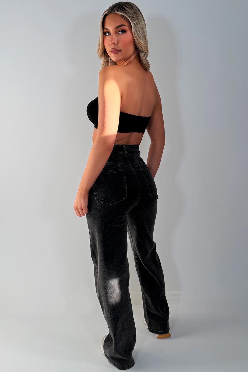 grey high waist jeans with cross over waist band and straight leg fit zara womens uk sale