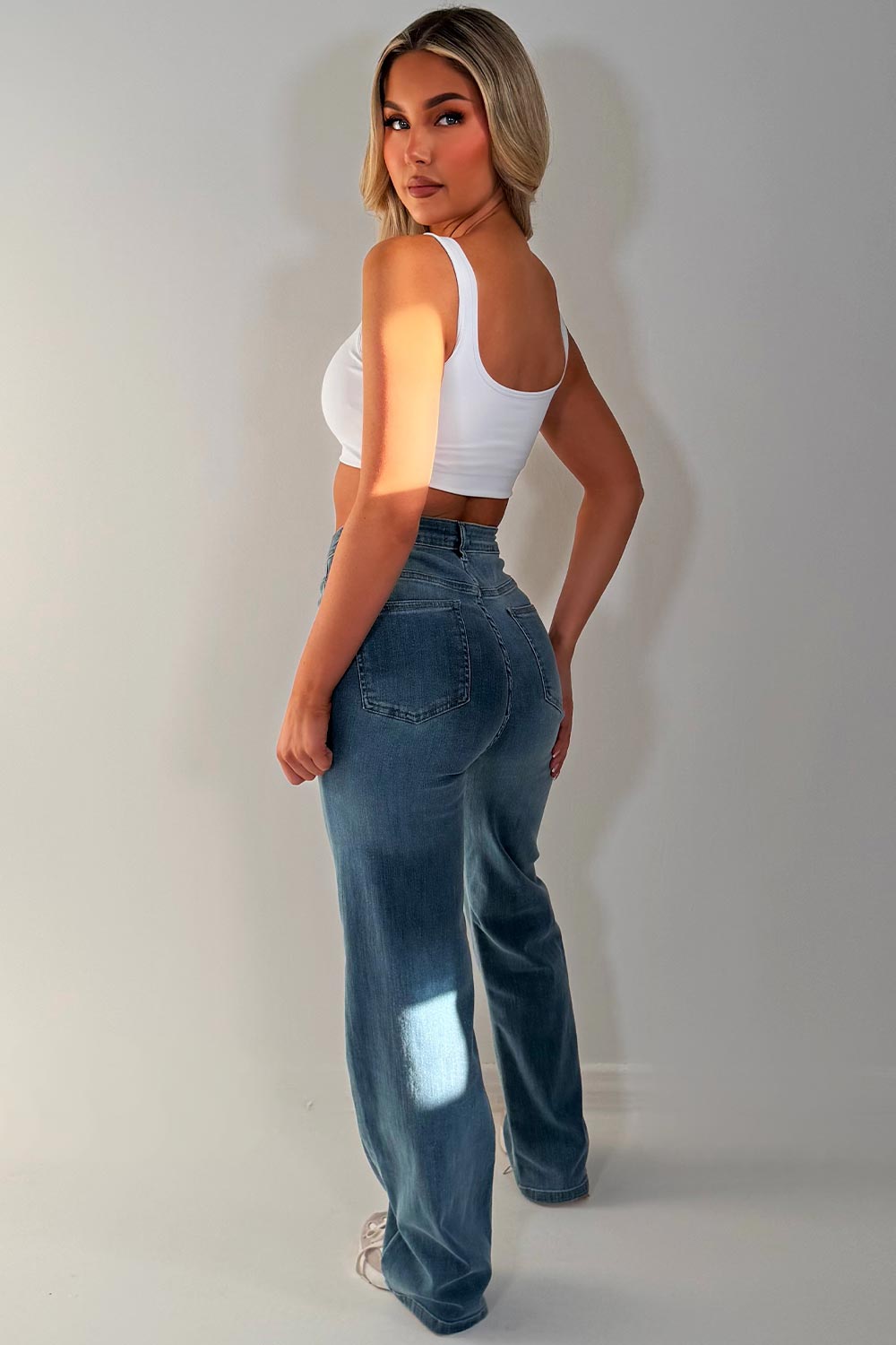 denim blue high waist straight leg jeans with cross over waist band zara womens uk sale