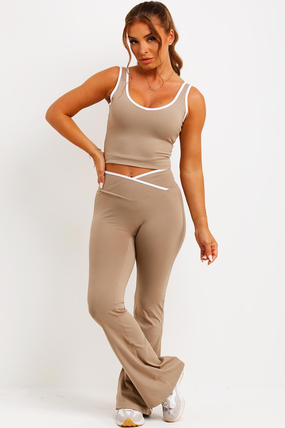 crossover waistband yoga flare pants and top two piece co ord set styledup