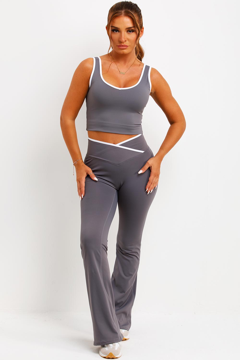 flare yoga pants with crossover waistband and top two piece co ord set loungewear styledup gymshark womens