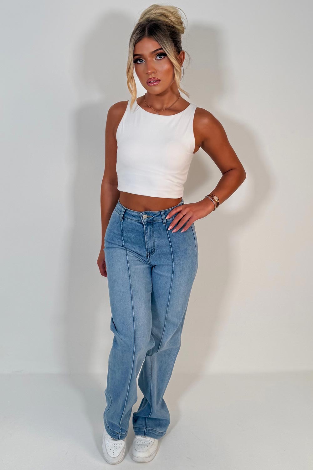 womens denim stretchy jeans with mid waist