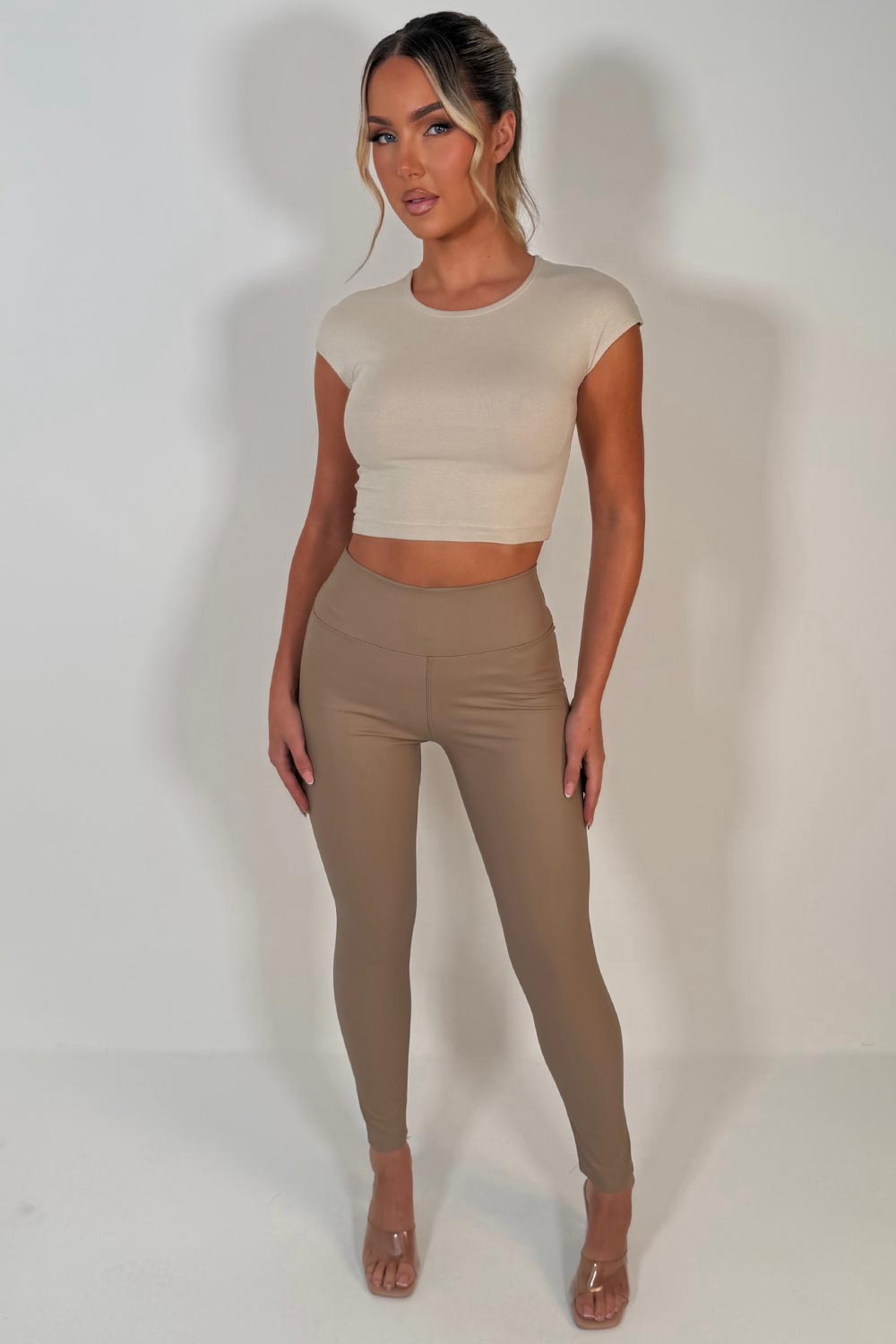 taupe faux leather high waist leggings styledup