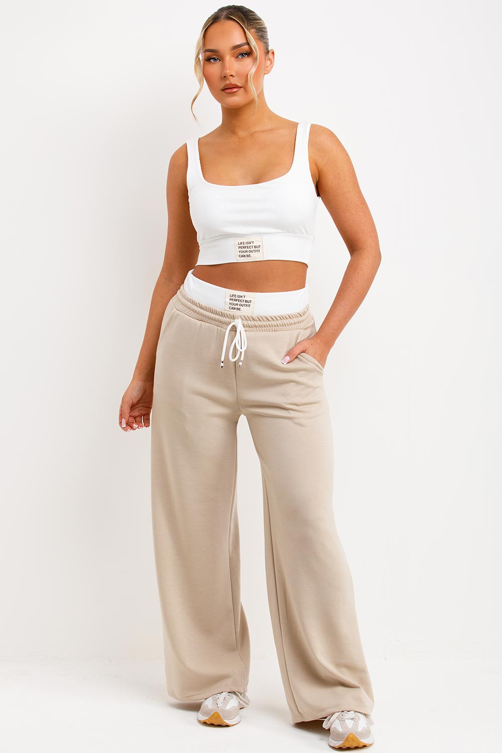 boxer detail wide leg joggers and crop top two piece loungewear set beige