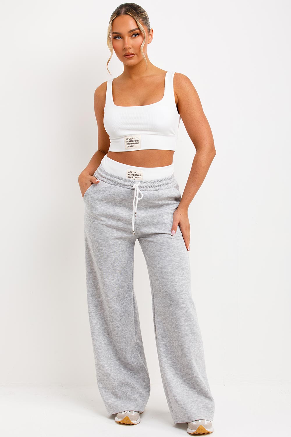 boxer detail wide leg joggers and crop top two piece loungewear set grey