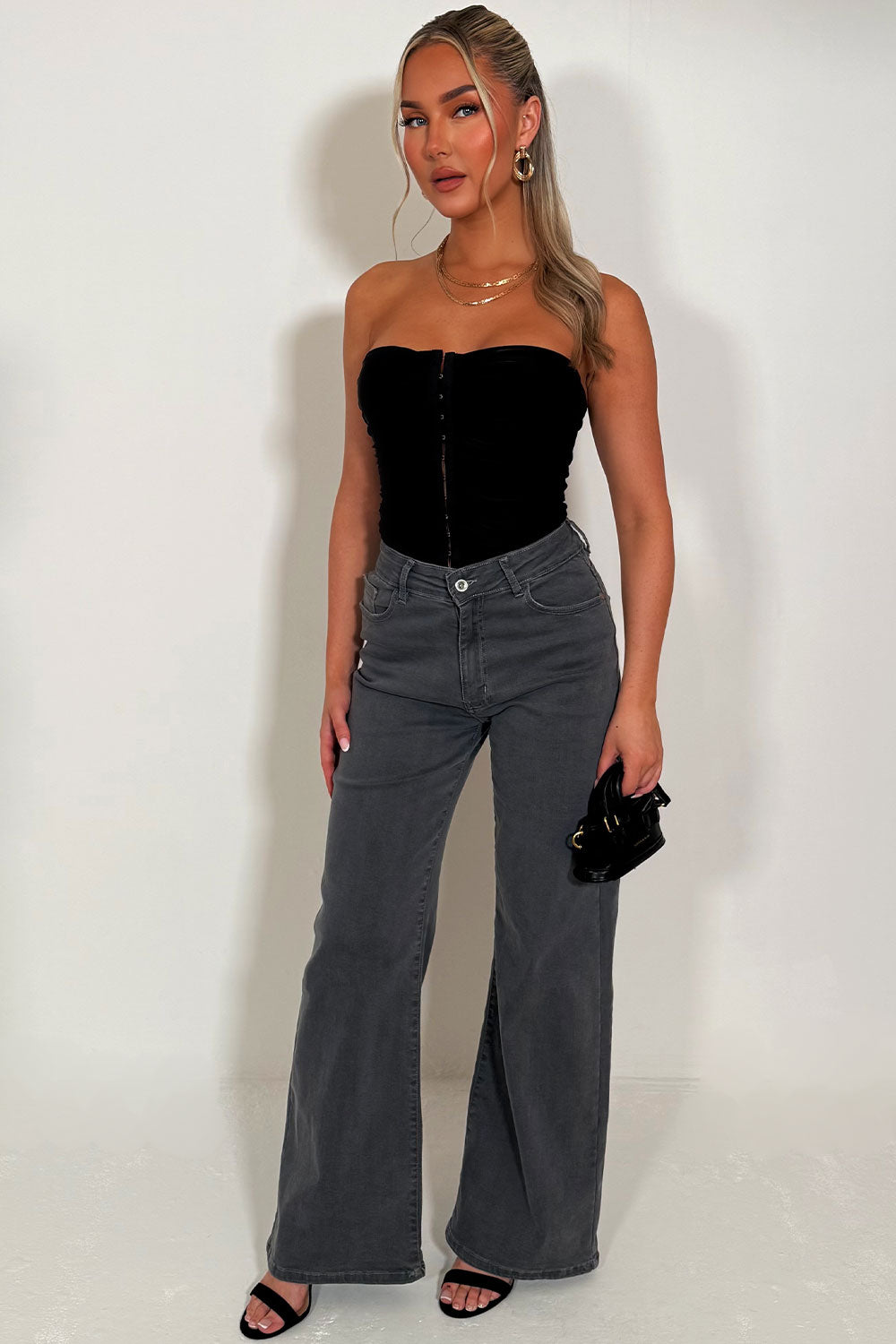 womens stretchy denim wide leg jeans styledup