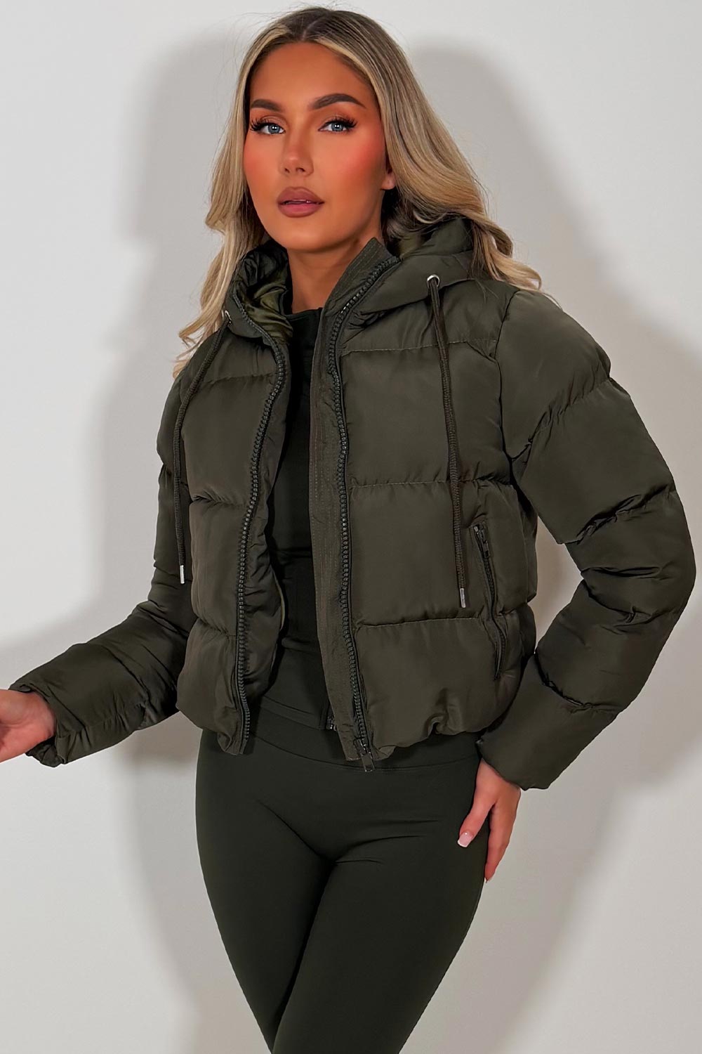 zara womens khaki puffer jacket with hood
