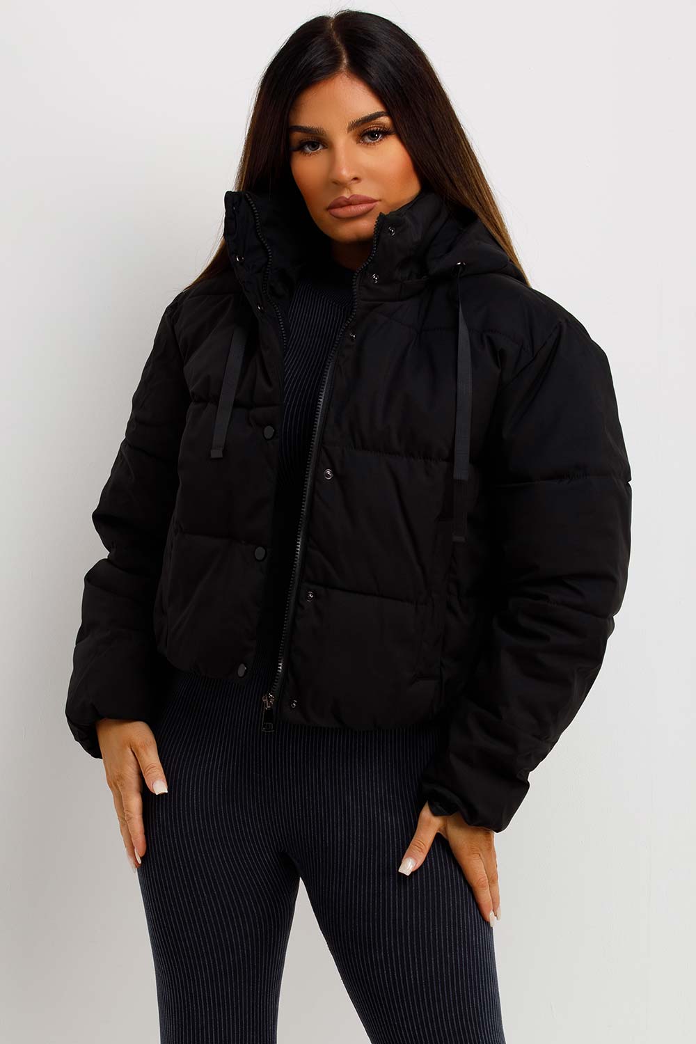 womens hooded puffer coat black