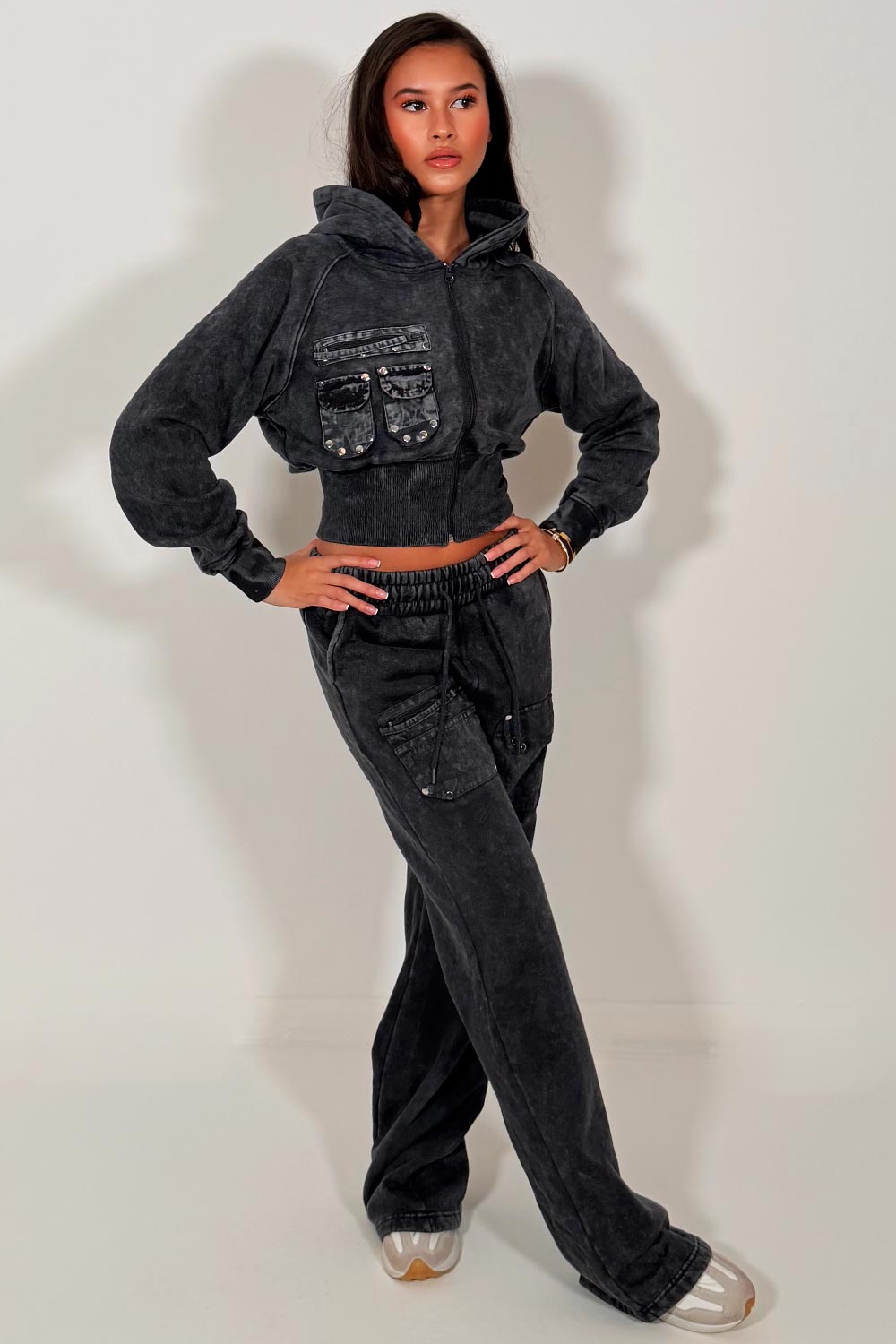 womens wide leg joggers and crop zip through hoodie co ord lounge set with pockets airport outfit styledup