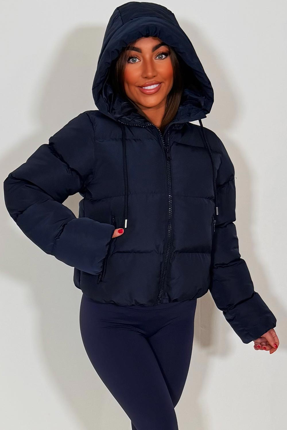 womens navy puffer jacket with hood styledup