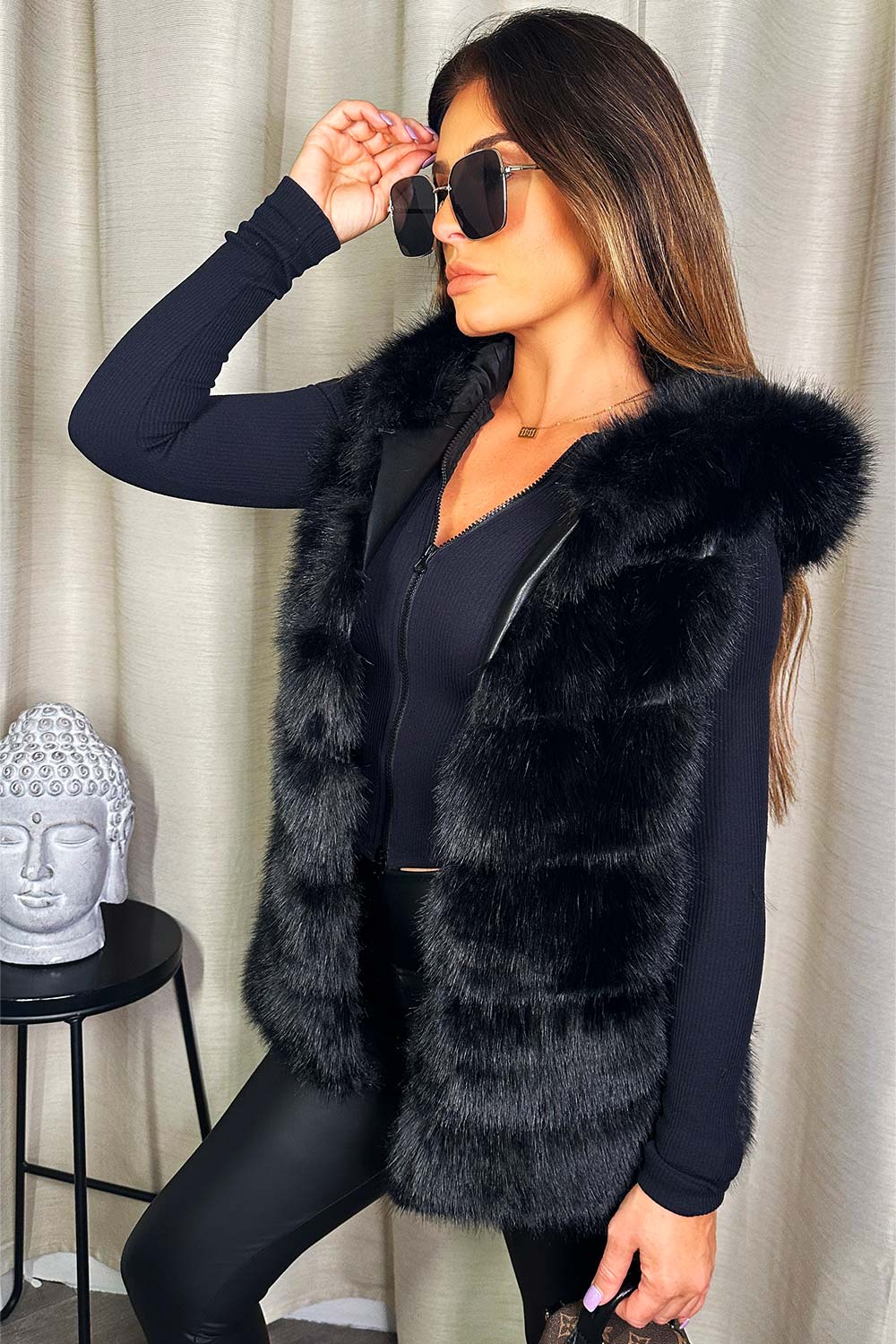 womens faux fur hooded gilet bodywarmer