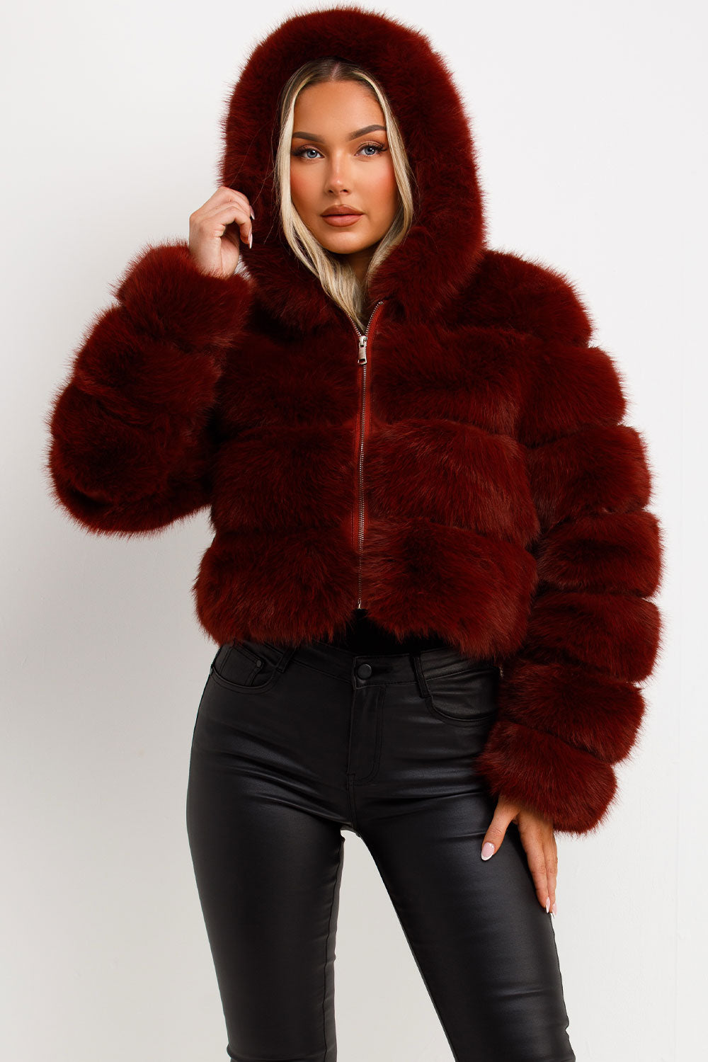 faux fur hooded coat with long sleeves uk styledup fashion