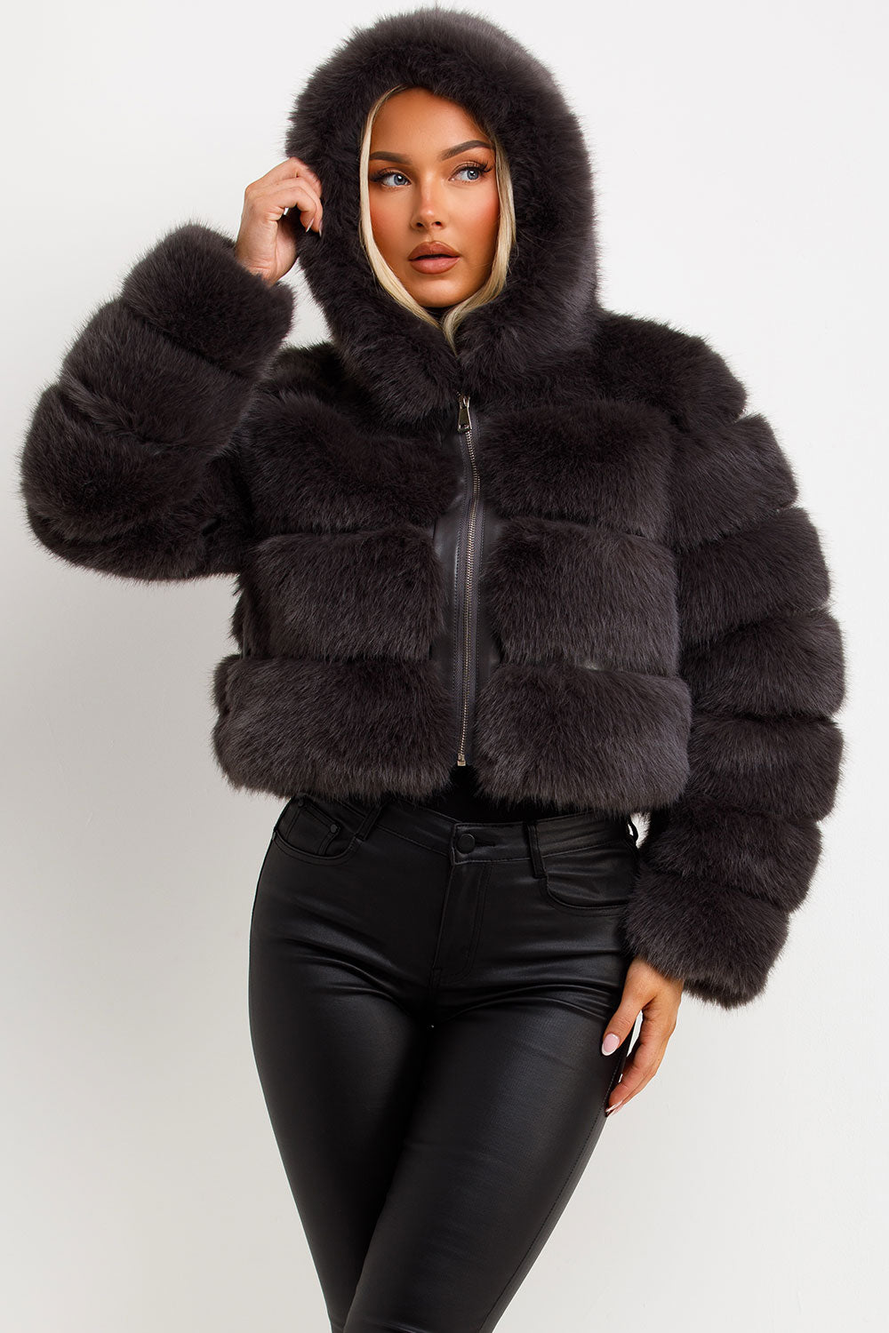 faux fur hooded coat with long sleeves uk styledup fashion