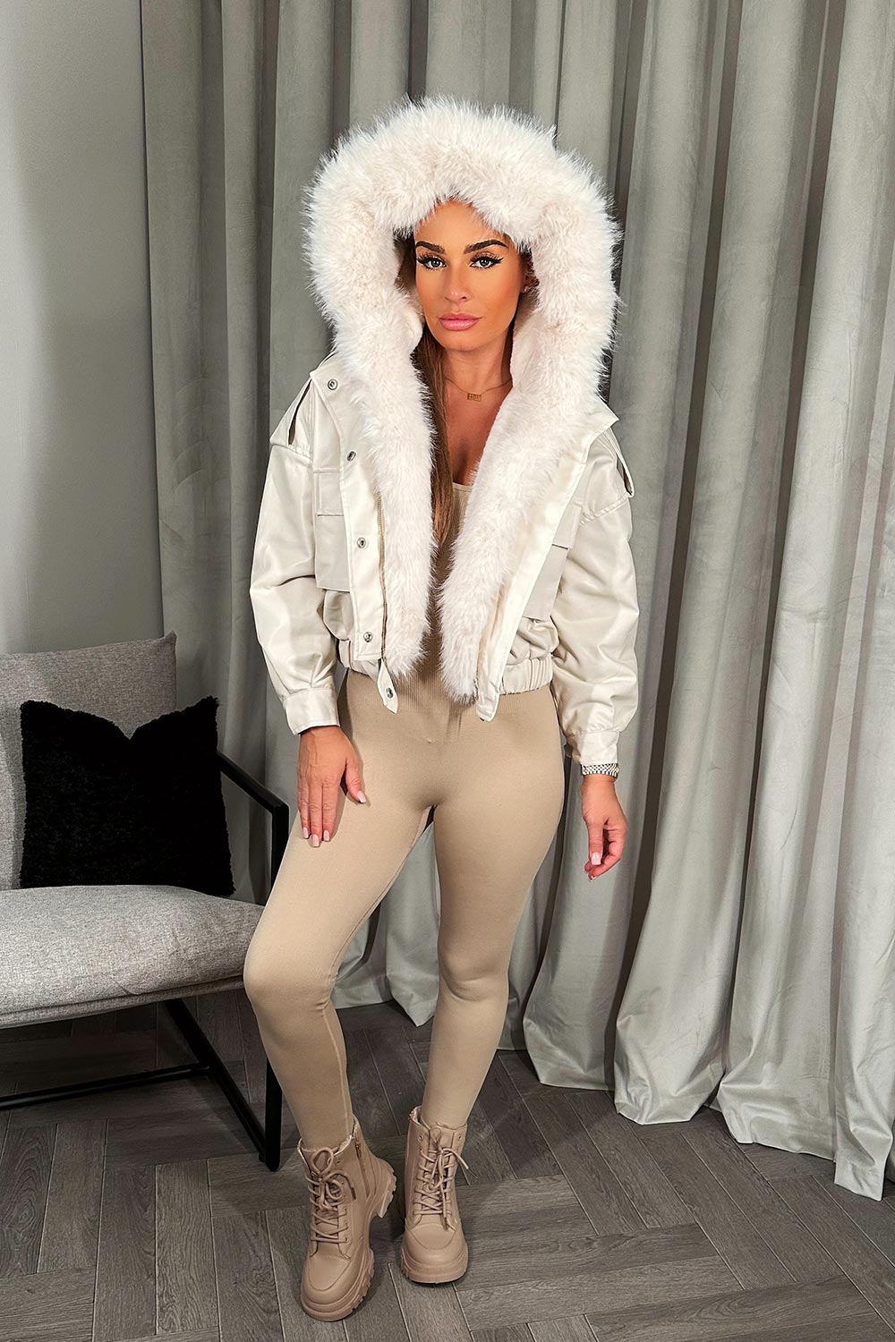 faux leather fur hood bomber jacket beige