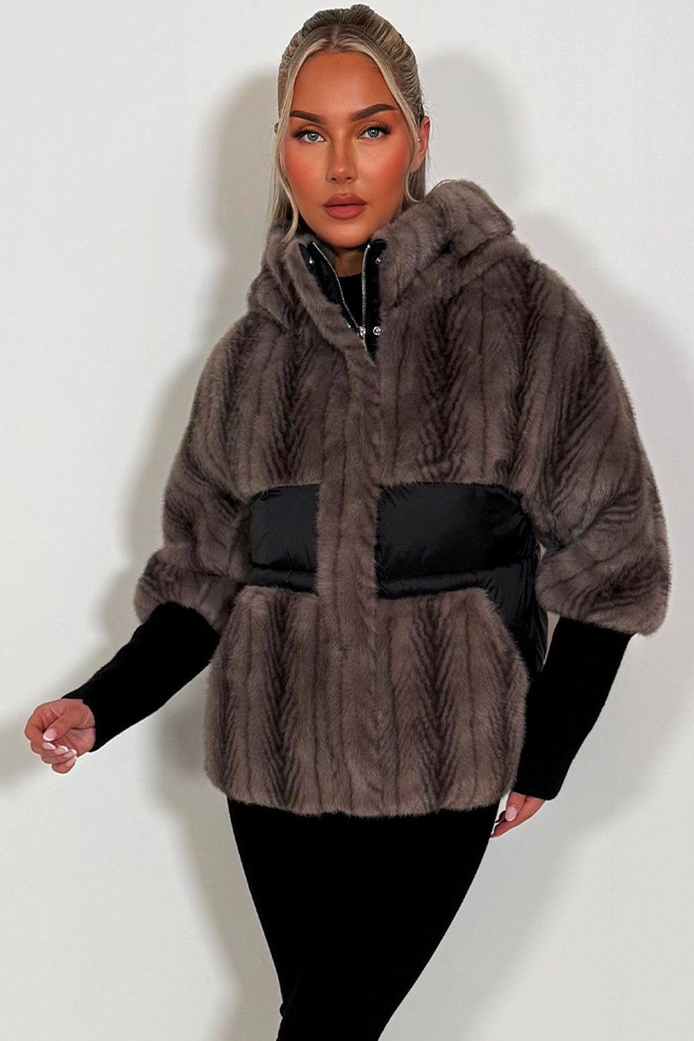 faux fur jacket with hood long sleeves styledup