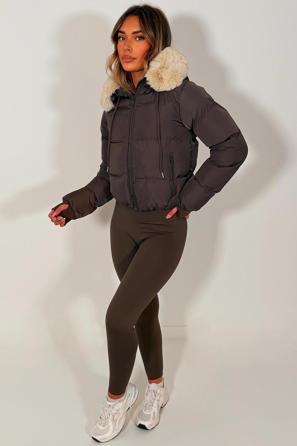 brown puffer jacket with big faux fur hood for womens zara uk