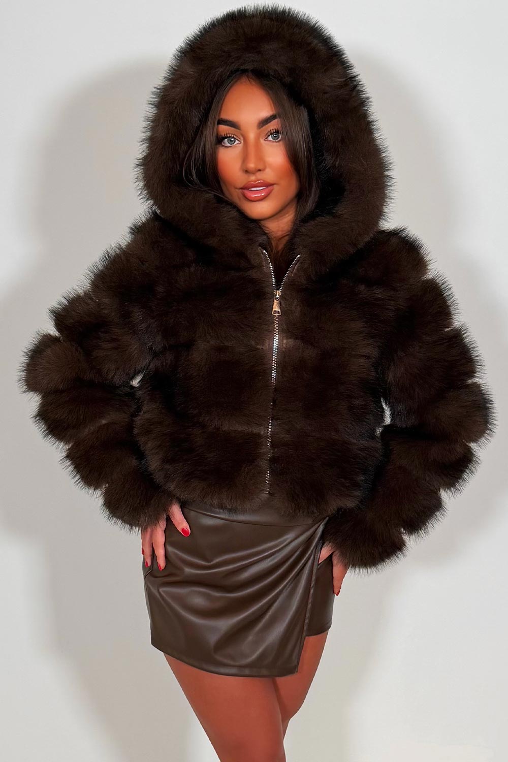 zara brown fur jacket with hood styledup