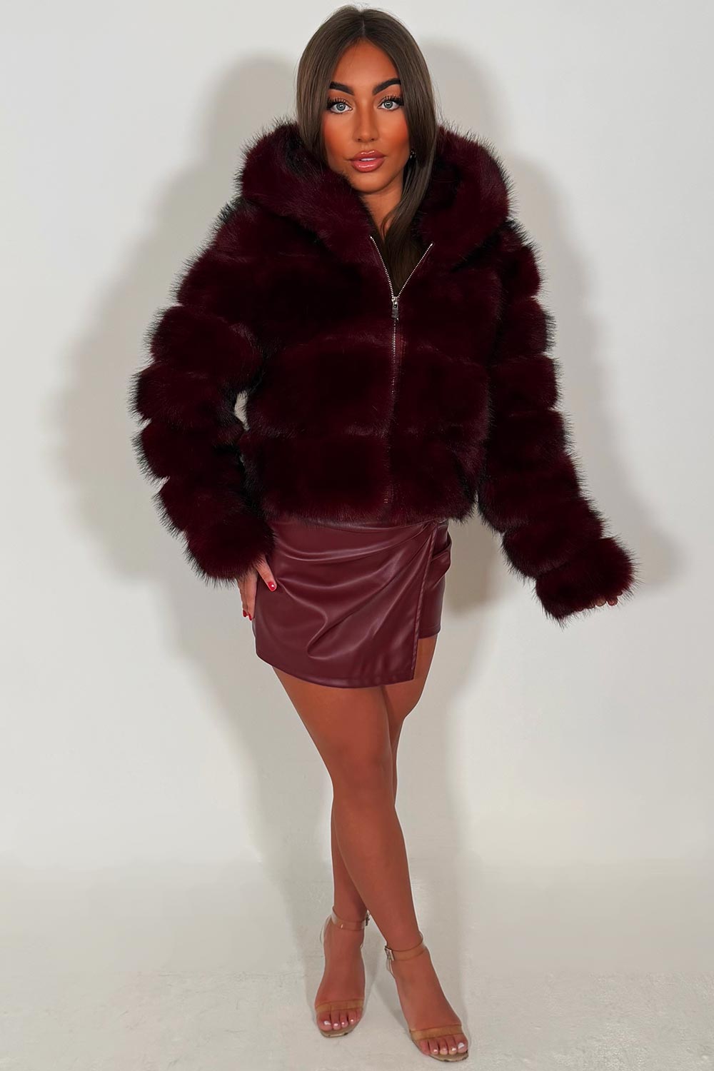 zara burgundy fur jacket with hood styledup