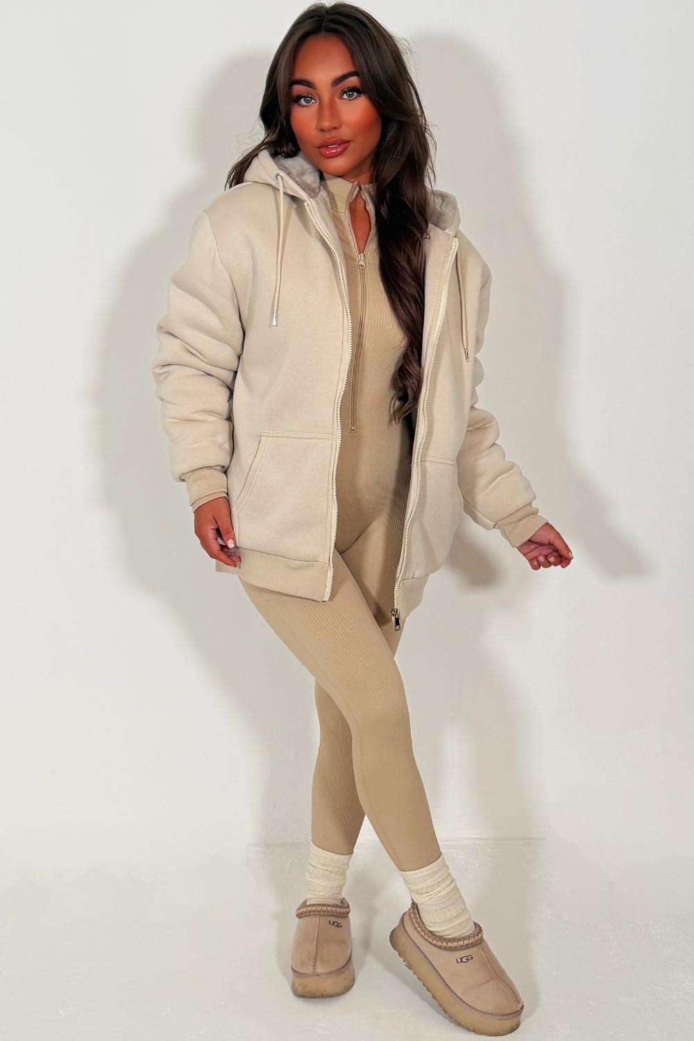 faux fur lined hooded sweatshirt with long sleeves womens winter loungewear styledup