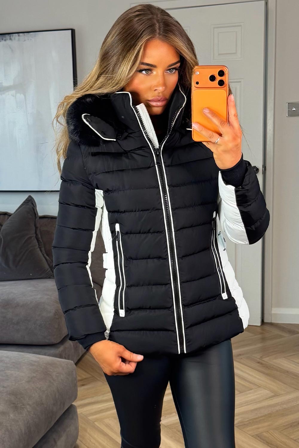 womens hooded puffer padded winter jacket with faux fur hood styledup uk