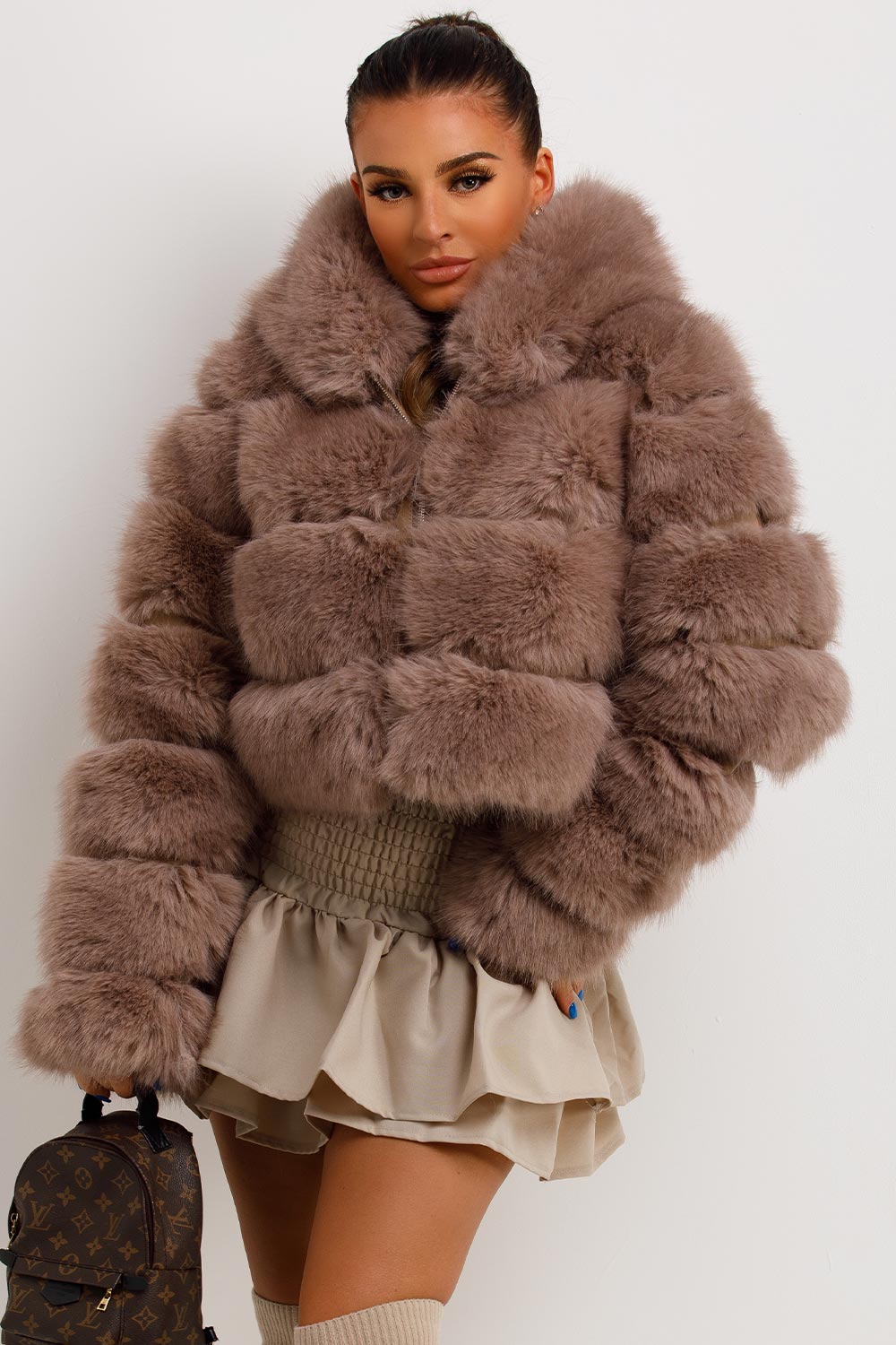 womens hooded faux fur jacket cropped
