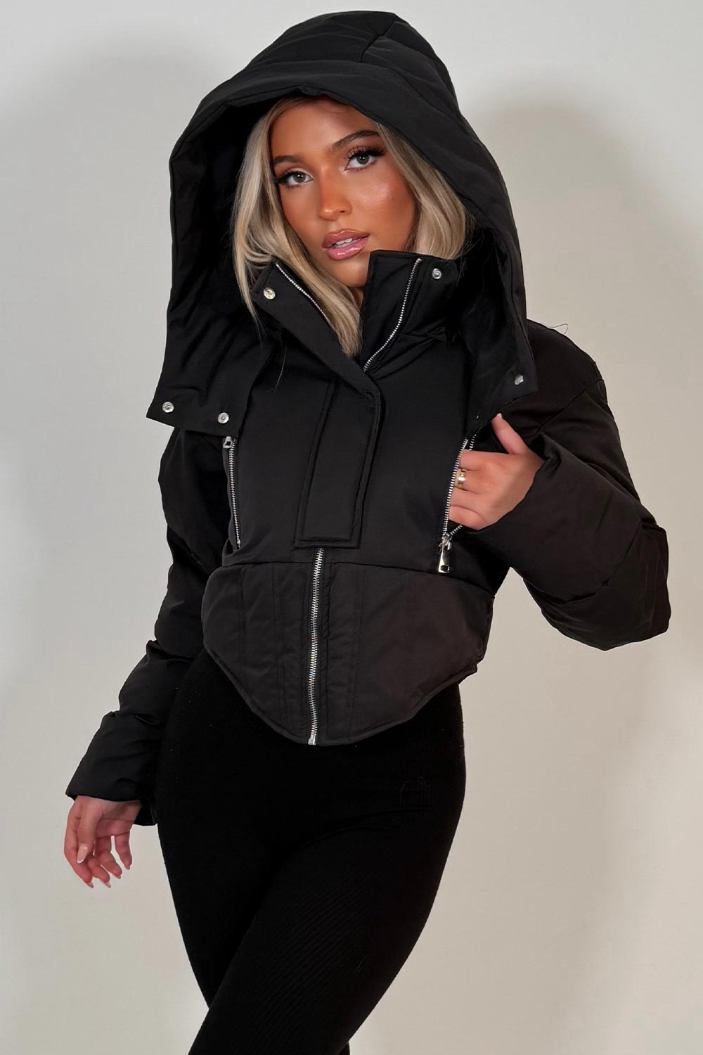 womens black puffer padded winter jacket with funnel neck styledup uk
