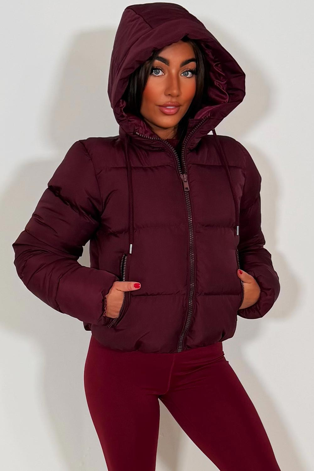 zara womens burgundy puffer jacket with hood