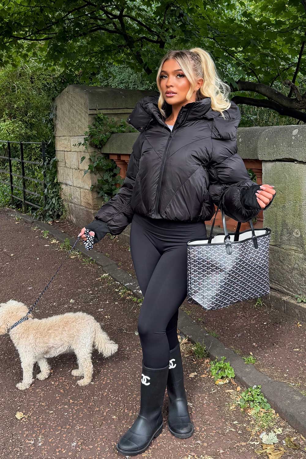 black puffer padded quilted winter jacket with hood and thumb holes womens uk styledup