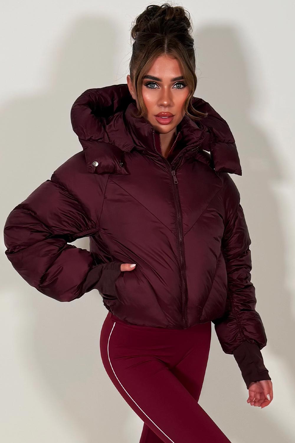 womens puffer padded crop jacket with thumb holes